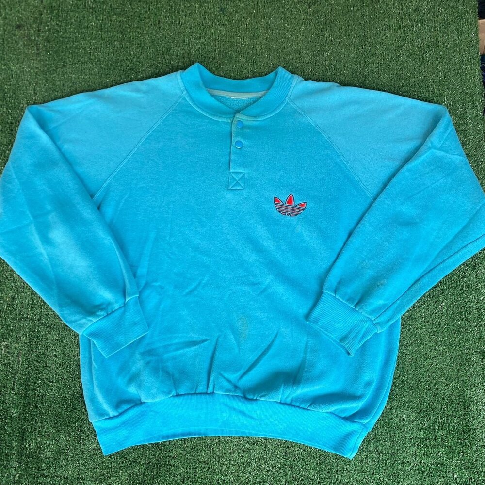 Vintage 80s Adidas Embroidered Trefoil Henley Sweatshirt Blue L Pullover Sporty